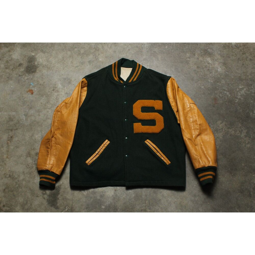 Vintage 50's 60's Green Gold Wool and Leather Distressed Varsity Jacket - L / XL